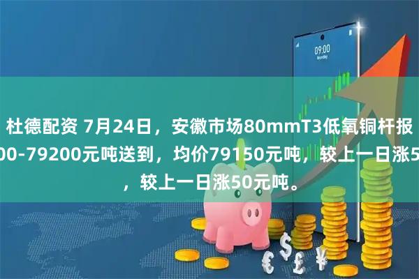 杜德配资 7月24日，安徽市场80mmT3低氧铜杆报价79100-79200元吨送到，均价79150元吨，较上一日涨50元吨。